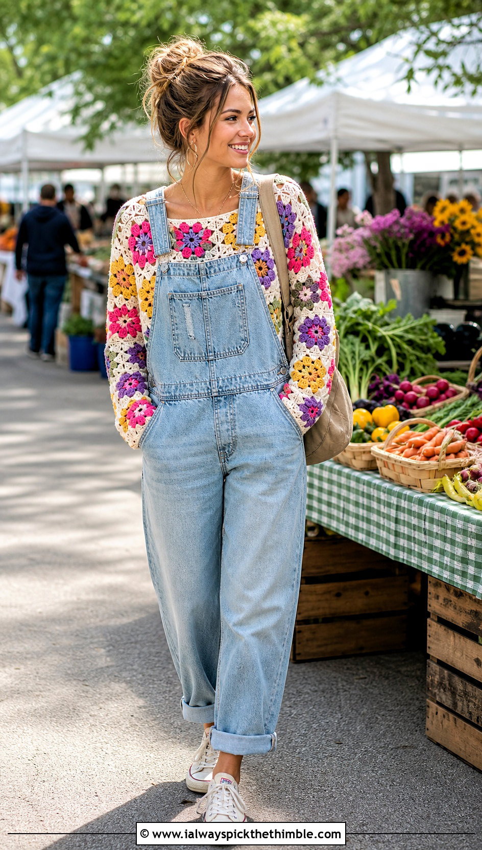 Floral Motif Crochet Summer Sweater With Denim Overalls - 15 Crochet Summer Sweater outfit ideas
