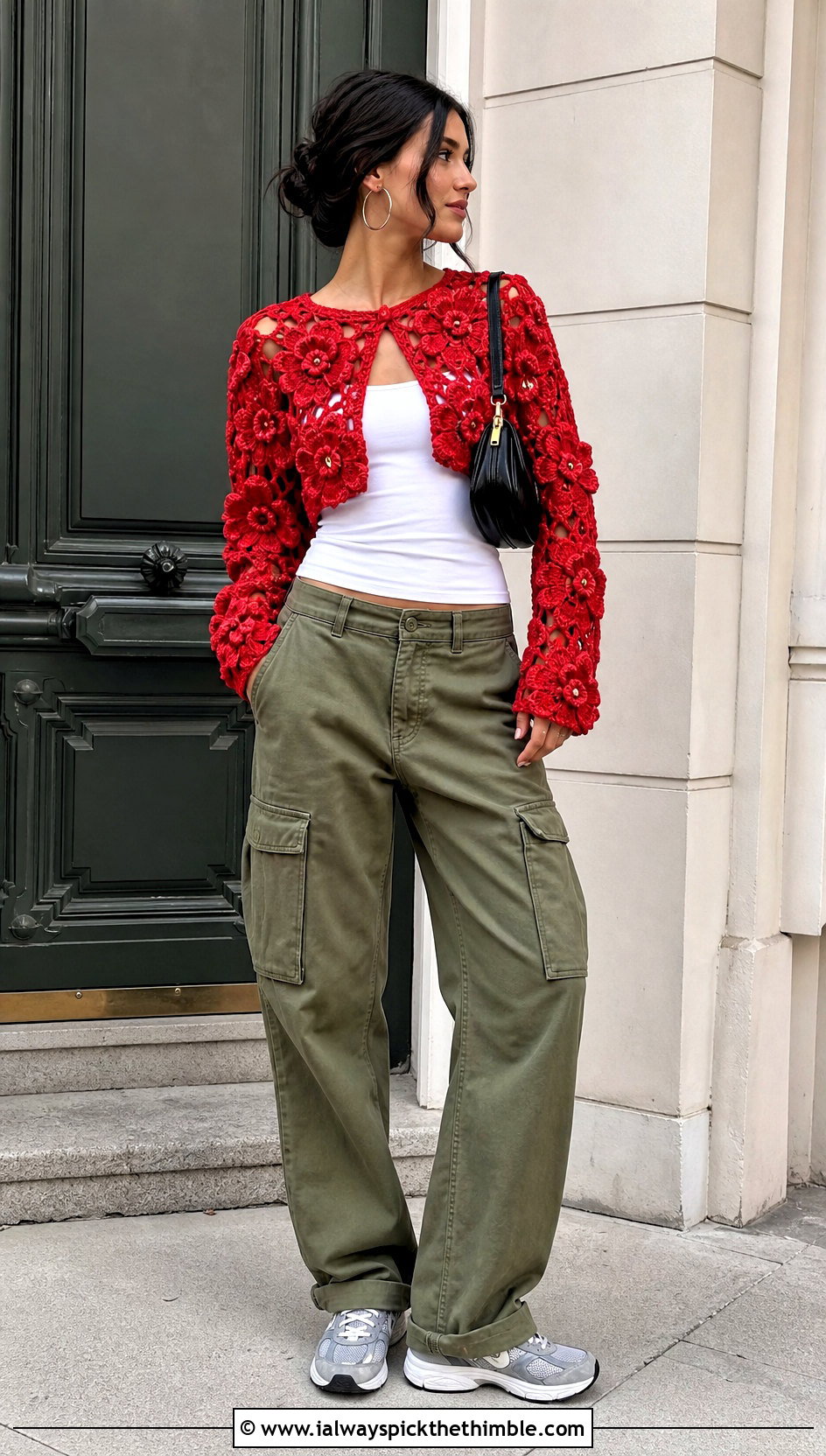 Floral Motif Crochet Sweater Shrug With Cargo Pants - 20 crochet sweater shrug outfit ideas
