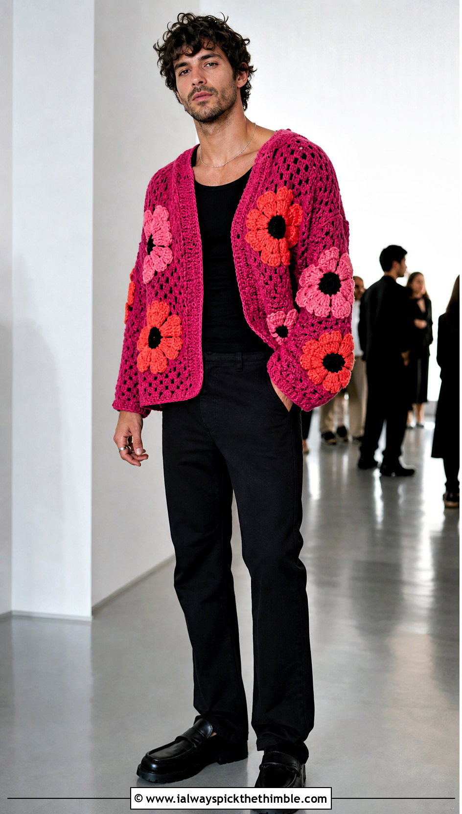 Floral Motif Crochet Sweater With Black Jeans - 25 crochet sweater for men outfit ideas