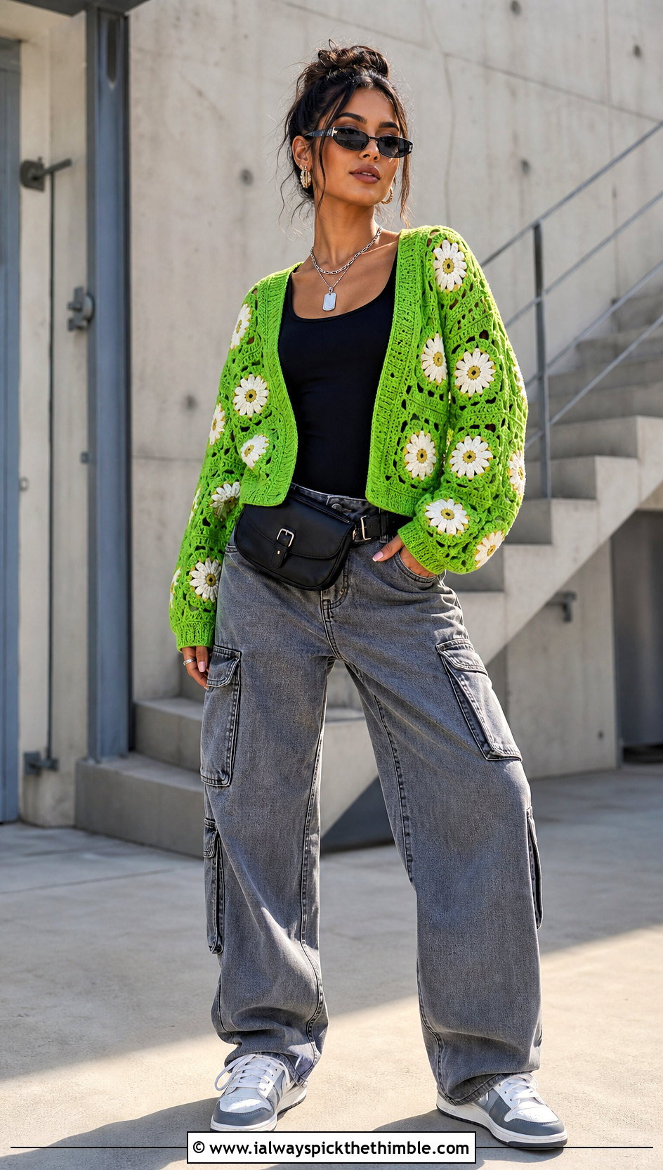 Floral Motif Crochet Sweater With Cargo Pants - 15 Summer Style Crochet Sweater outfit ideas