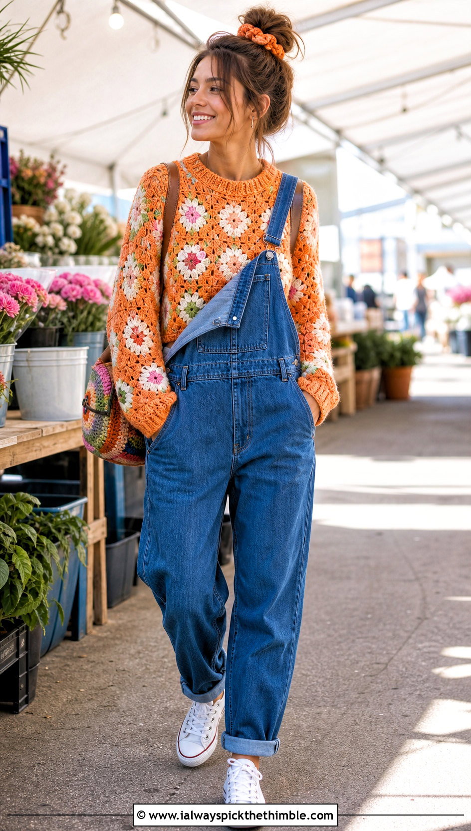 Floral Motif Crochet Sweater With Denim Overalls - 20 90s crochet sweater outfit ideas