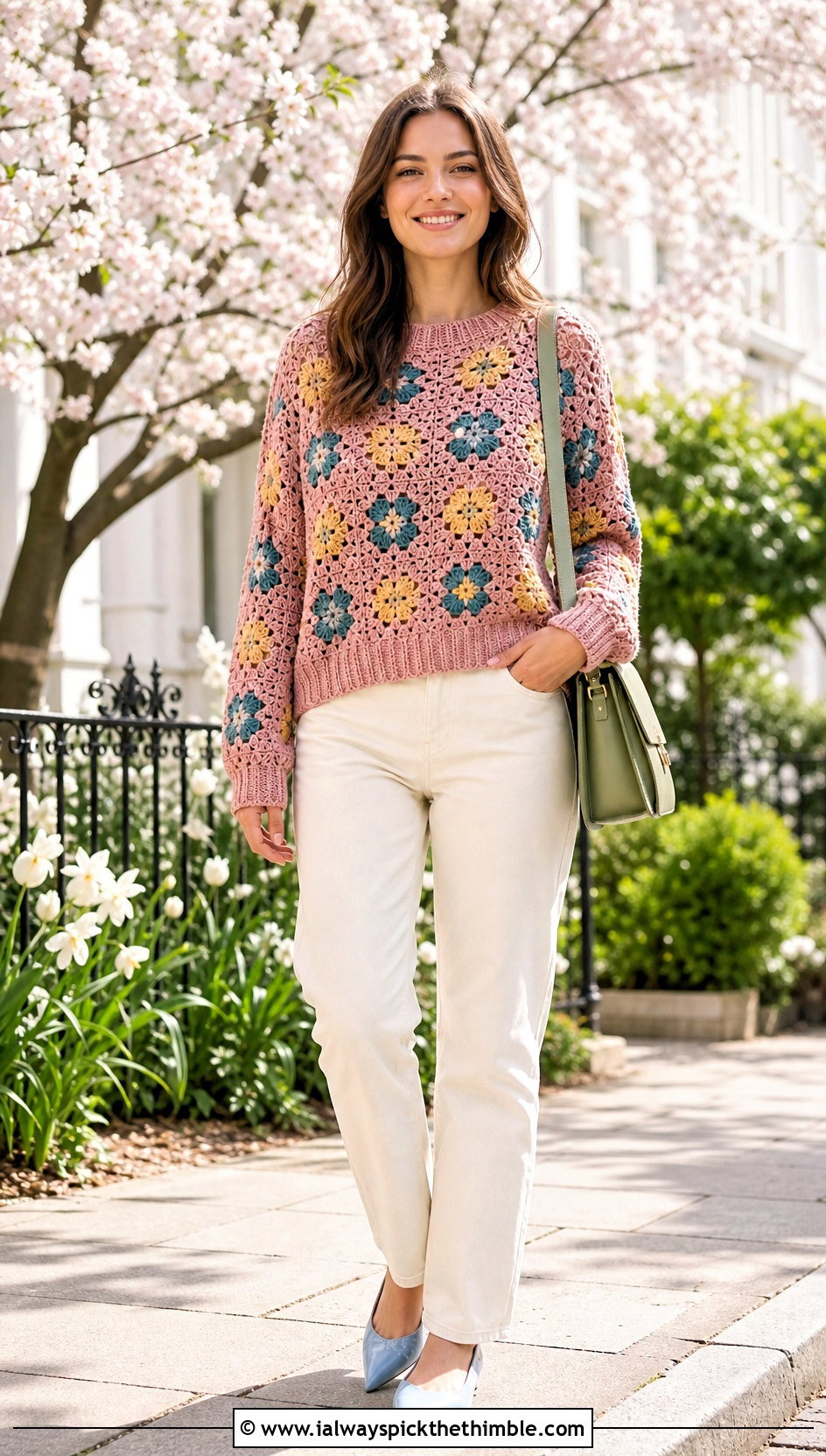 Floral Motif Crochet Sweater With Ecru Jeans - 25 easy crochet sweaters outfit ideas