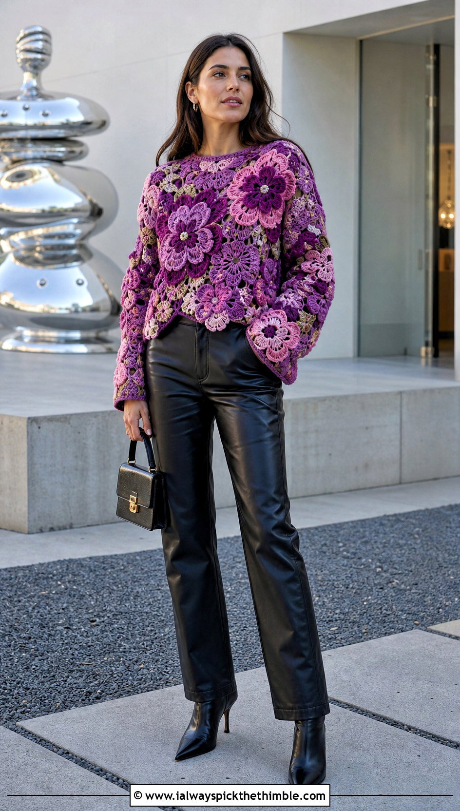 Floral Motif Crochet Sweater With Leather Pants - 15 Bohemian Style Crochet Sweater outfit ideas