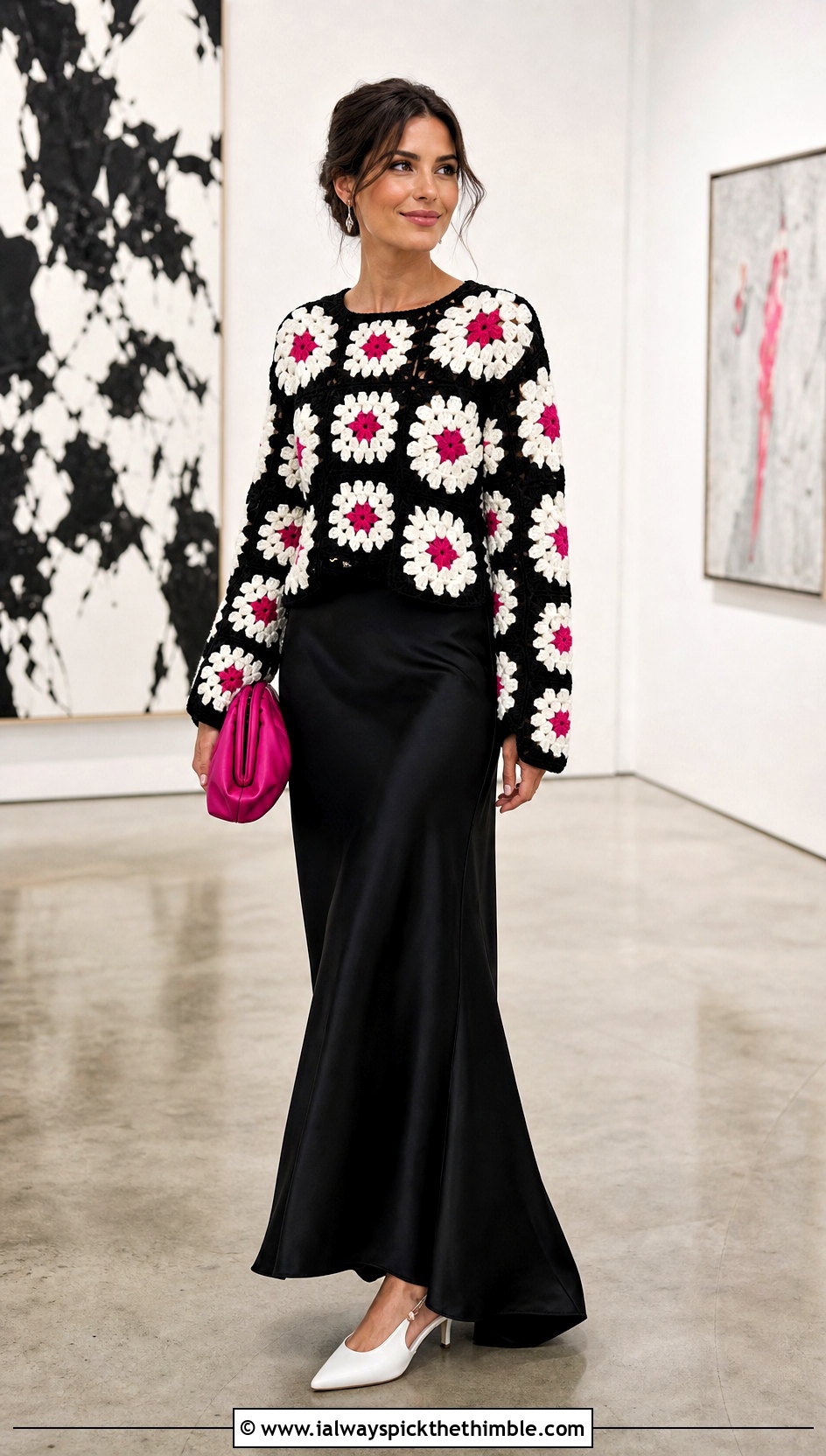 Floral Motif Crochet Sweater With Satin Maxi Skirt - 25 black and white crochet sweater outfit ideas