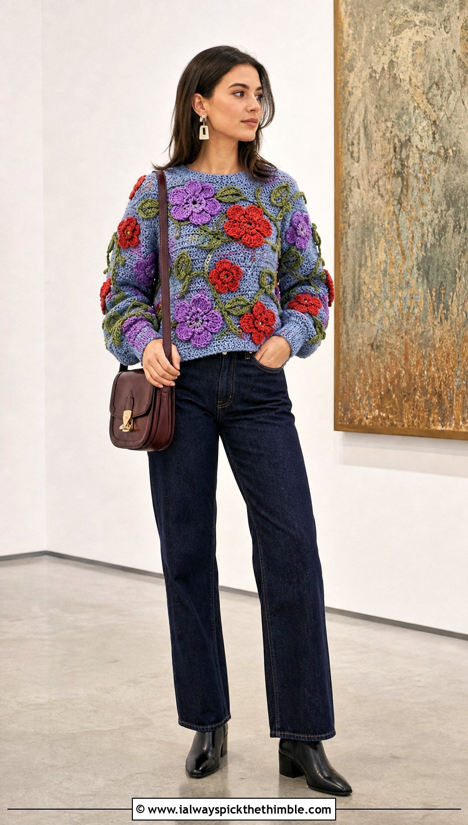 Floral Motif Crochet Sweater With Straight Leg Jeans - 20 unique crochet sweater outfit ideas