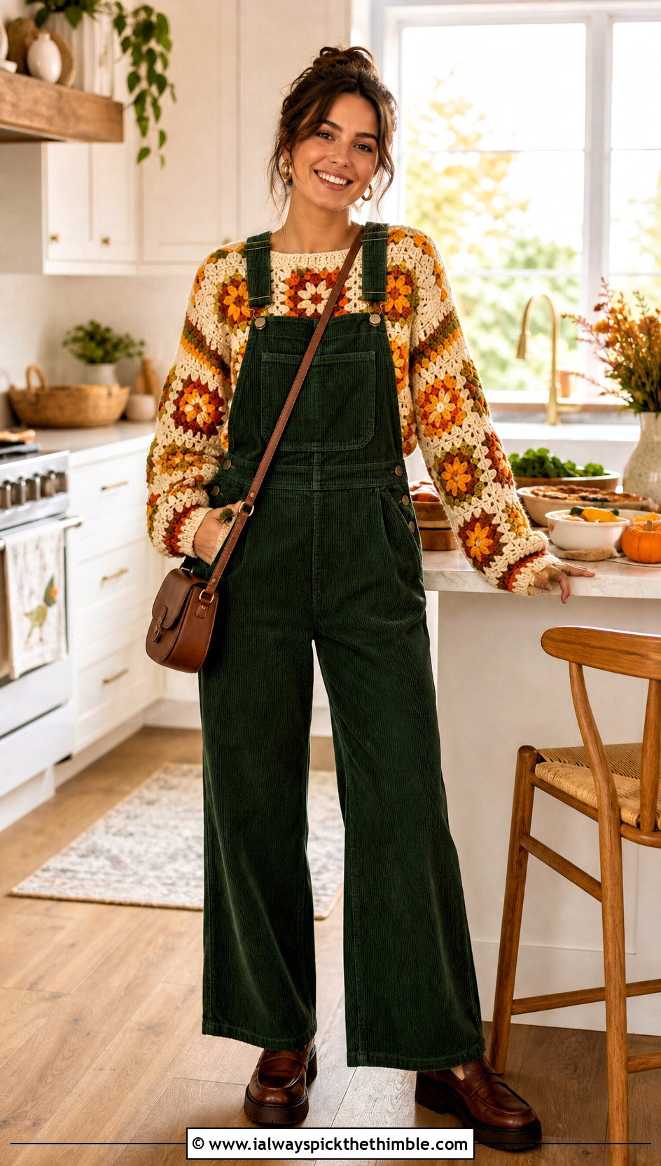 Floral Motif Crochet Sweater With Tailored Overalls - 20 Crochet Thanksgiving Sweater outfit ideas