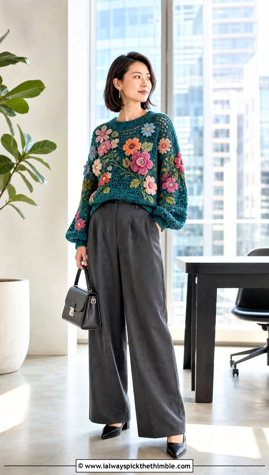 Floral Motif Crochet Sweater With Tailored Trousers - 20 vintage crochet sweater outfit ideas