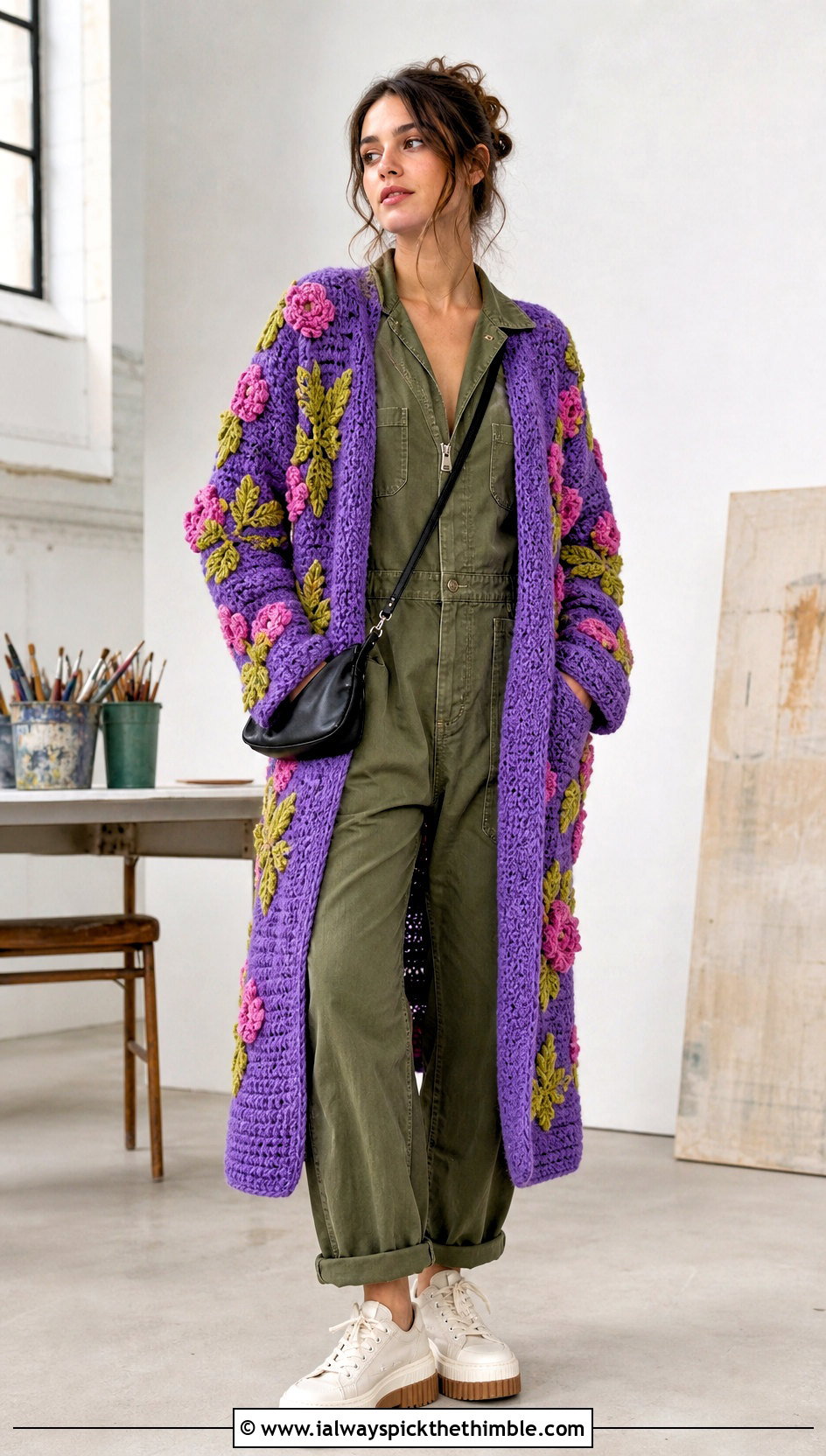 Floral Motif Crochet Sweater With Utility Jumpsuit - 20 long crochet sweater outfit ideas