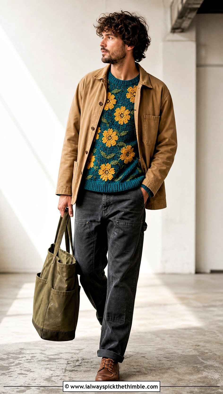 Floral Motif Crochet Sweater With Workwear Pants - 20 male crochet sweater outfit ideas