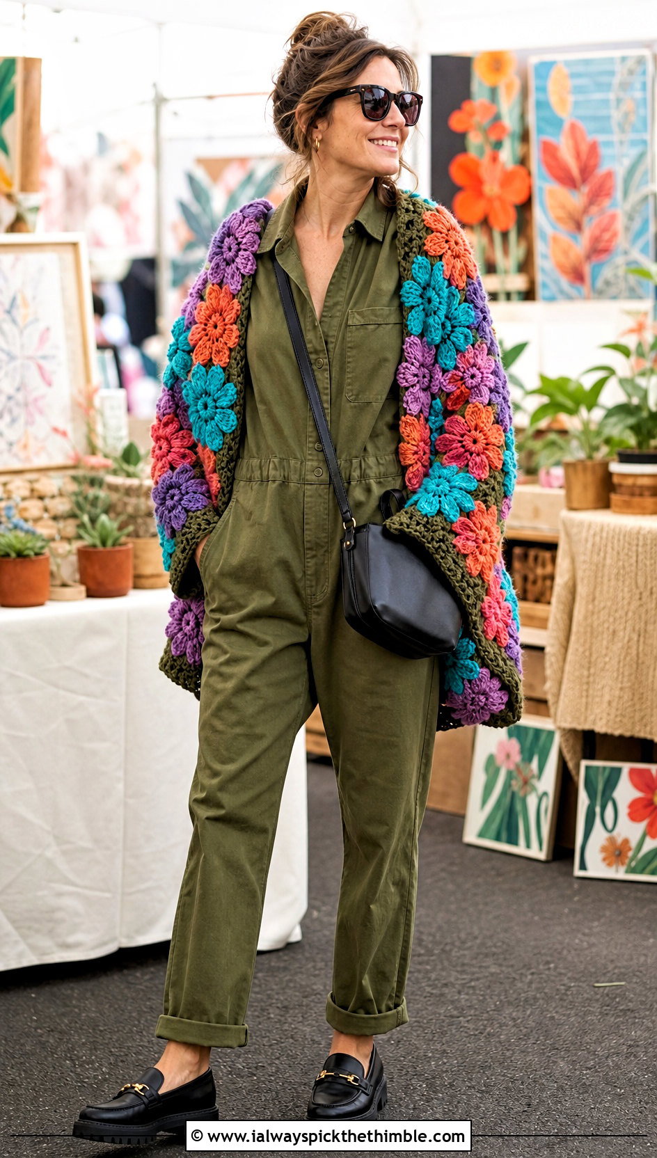 Floral Motif Crochet Sweater Wrap With Utility Jumpsuit - 20 crochet sweater wrap outfit ideas