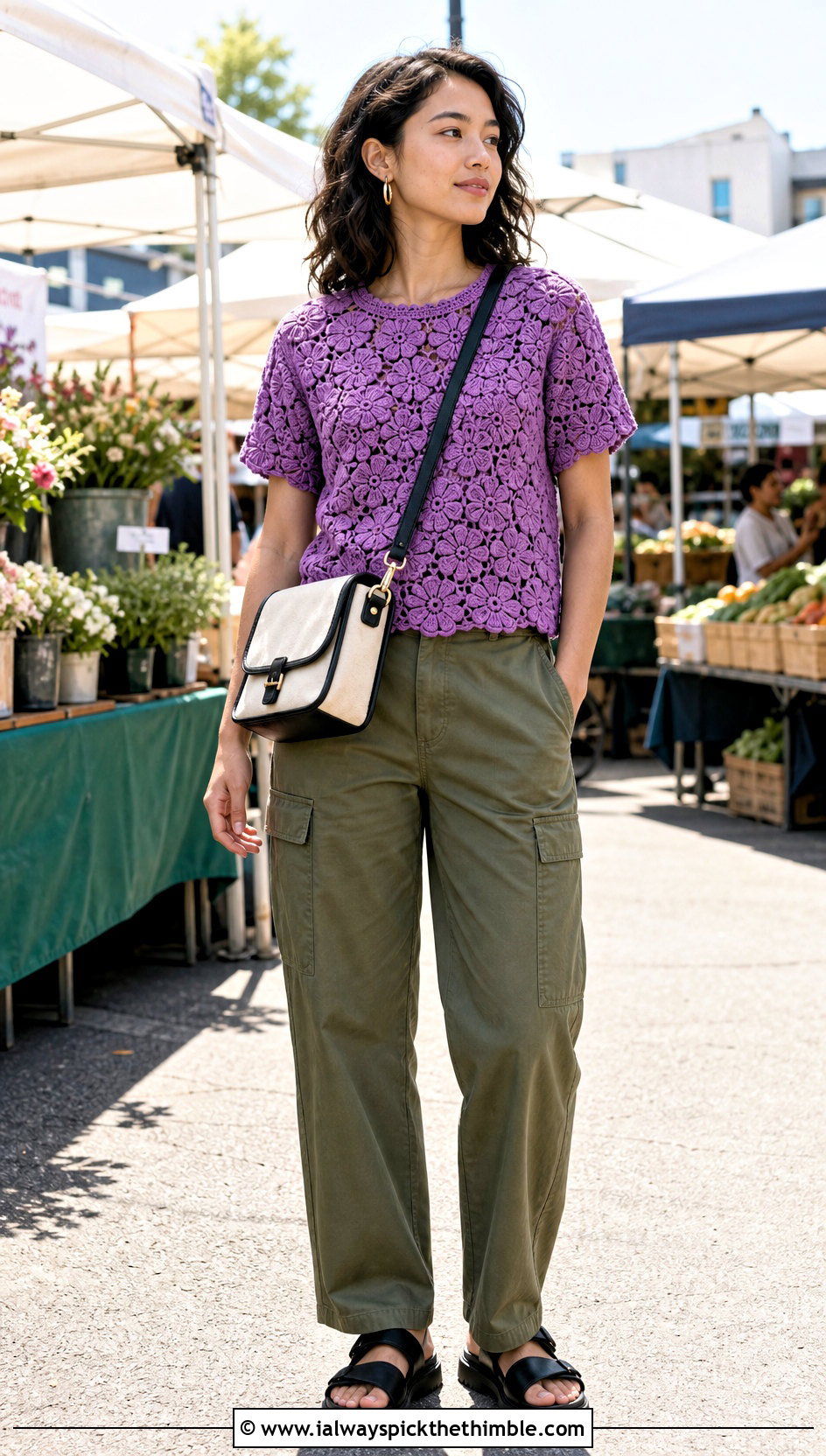 Floral Motif Crochet T Shirt With Utility Pants - 25 crochet t shirt outfit ideas