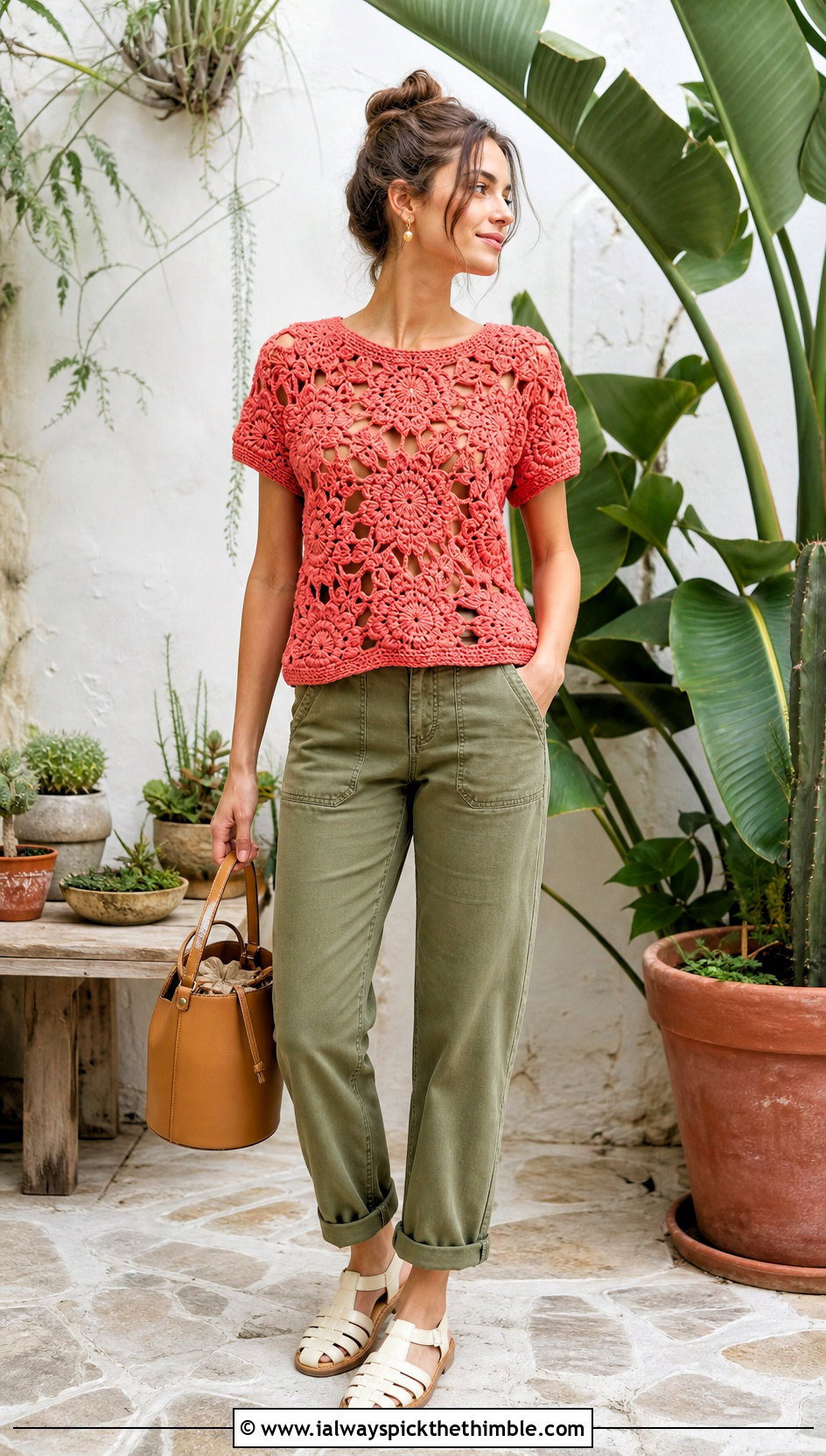 Floral Motif Crochet T Shirt With Utility Pants - 20 crochet t shirts outfit ideas