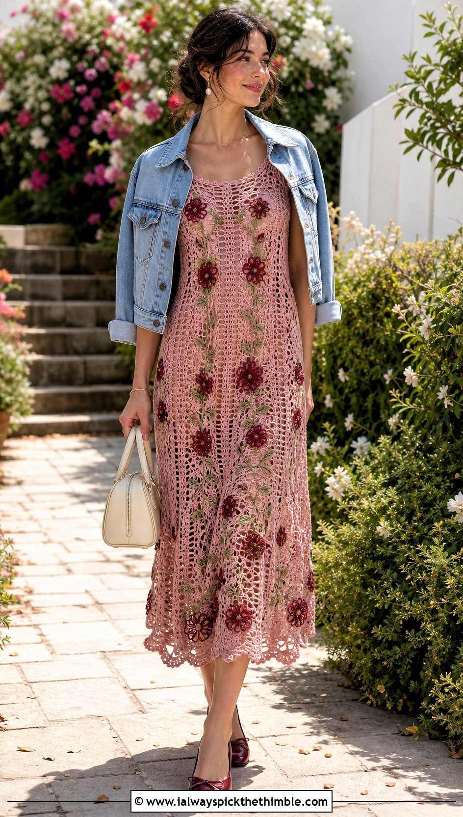 Floral Motif Crochet Tank Dress With Ballet Flats - 20 Crochet Tank Dress outfit ideas