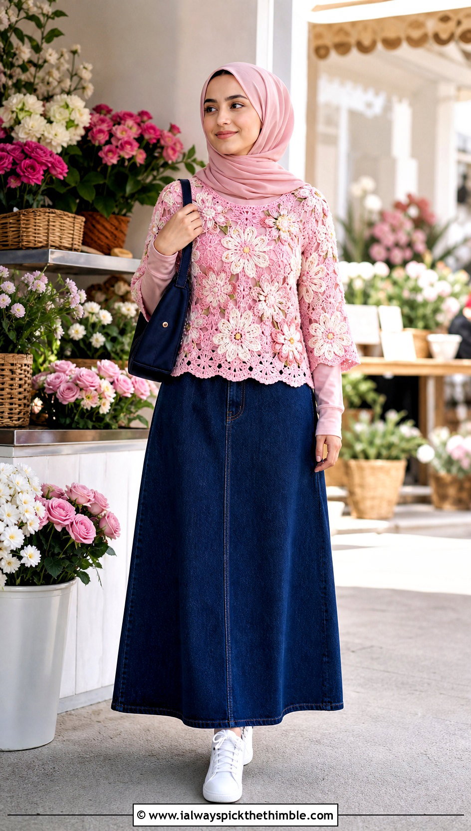 Floral Motif Crochet Top With Denim Maxi Skirt - 20 crochet top hijabi outfit ideas