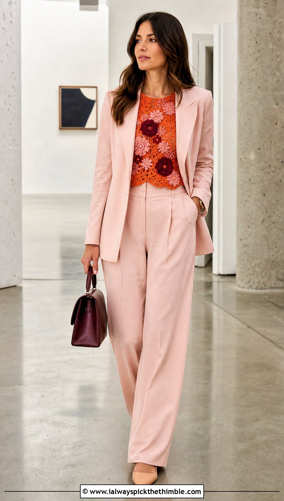 Floral Motif Crochet Top With Tailored Suit - 25 crochet top for summer outfit ideas