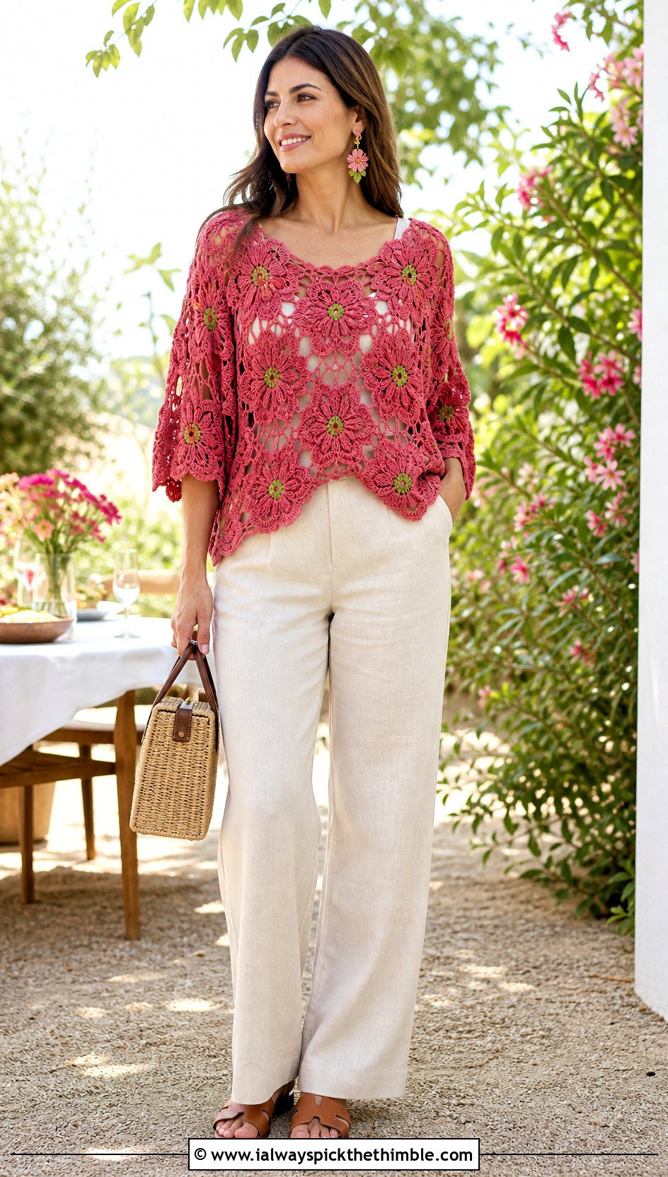 Floral Motif Crochet Tunic With Linen Trousers - 25 crochet tunic outfit ideas
