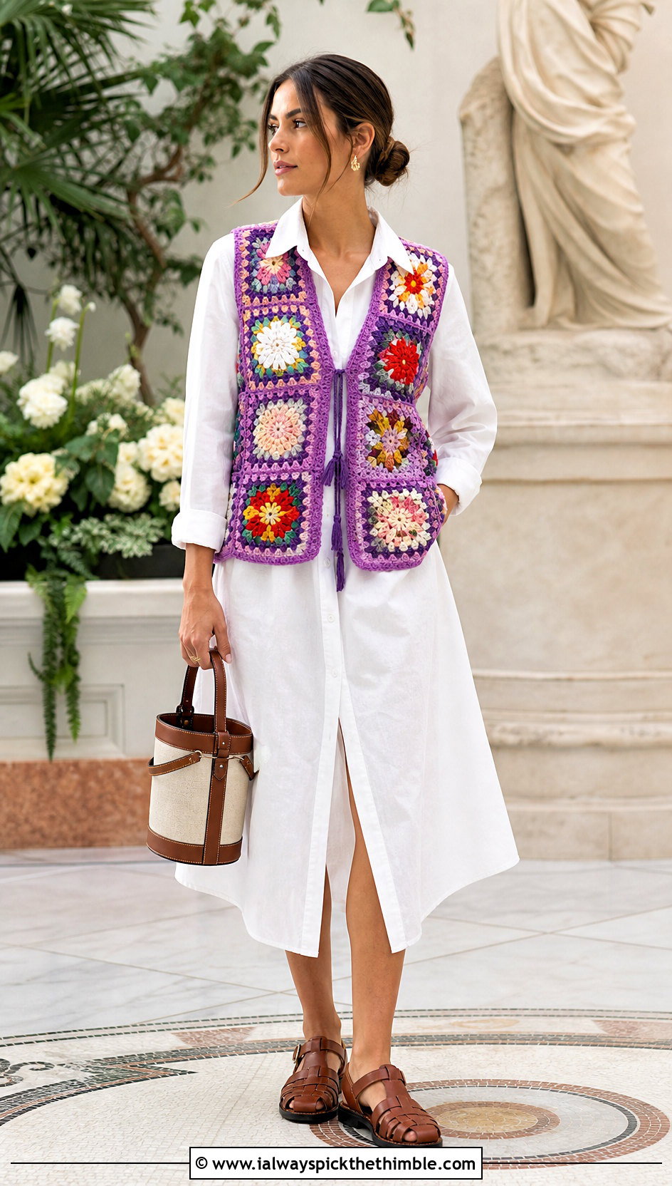 Floral Motif Crochet Vest With A White Shirt Dress - 25 boho crochet vest outfit ideas