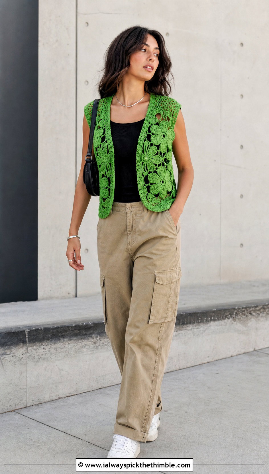 Floral Motif Crochet Vest With Cargo Pants - 15 modern crochet vest outfit ideas