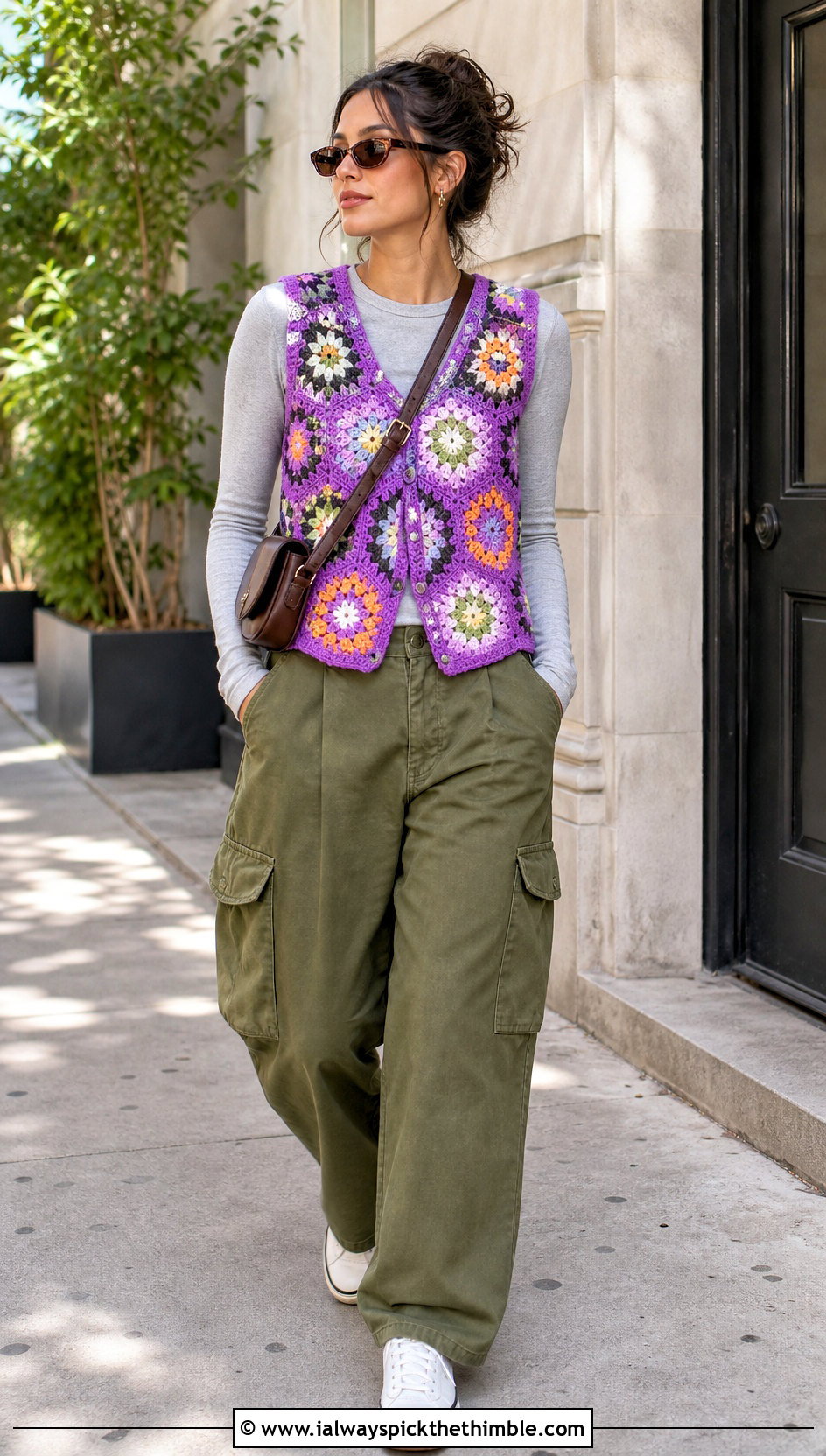 Floral Motif Crochet Vest With Cargo Pants - 15 Crochet For Ladies Vests outfit ideas