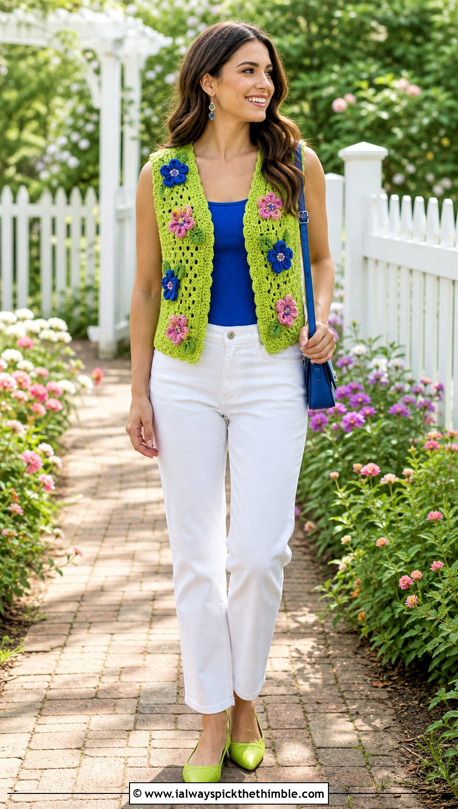 Floral Motif Crochet Vest With White Jeans - 25 easy crochet vest outfit ideas