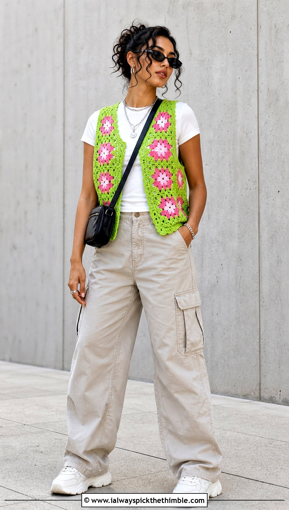Floral Motif Crochet Waistcoat With Cargo Pants - 20 ladies crochet waistcoat outfit ideas