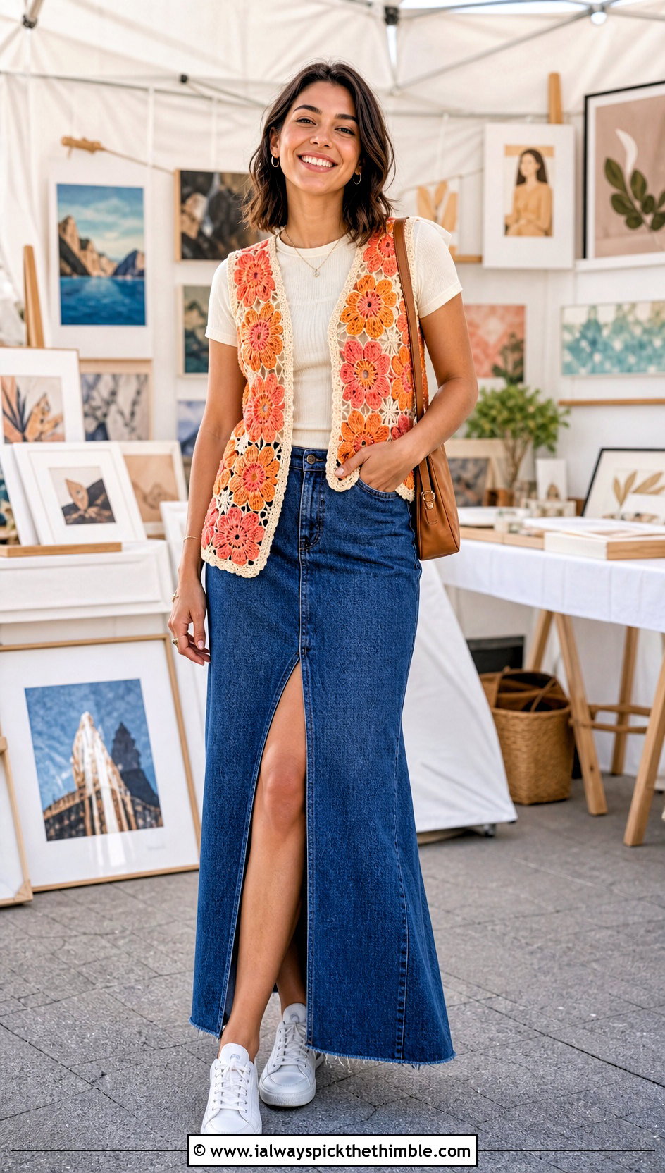 Floral Motif Crochet Waistcoat With Denim Maxi Skirt - 25 crochet waistcoat outfit ideas