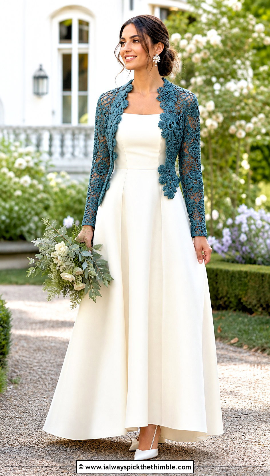 Floral Motif Crochet Wedding Bolero With A Line Dress - 20 Crochet Wedding Bolero outfit ideas
