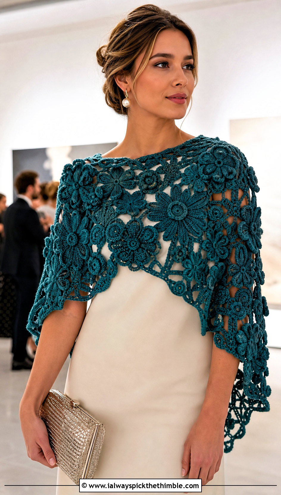 Floral Motif Crochet Wedding Shawl With Crepe Column Dress - 25 crochet wedding shawl outfit ideas
