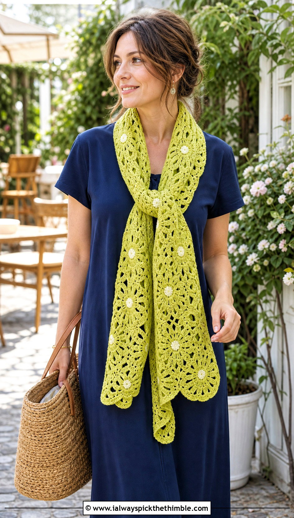 Floral Motif Crochet Wide Scarf With T Shirt Dress - 20 Crochet Wide Scarf outfit ideas