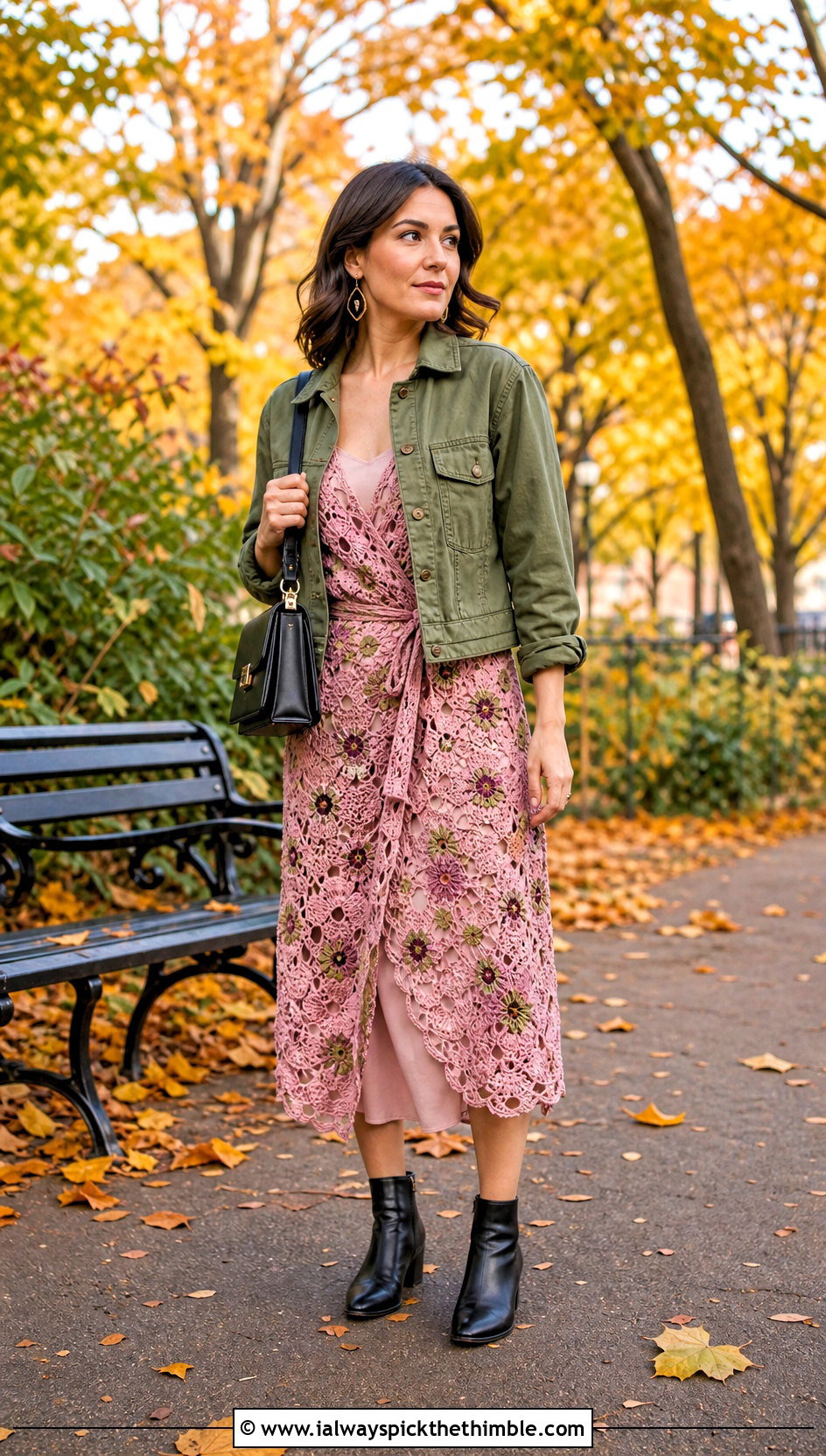 Floral Motif Crochet Wrap Dress With Ankle Boots - 25 crochet wrap dress outfit ideas