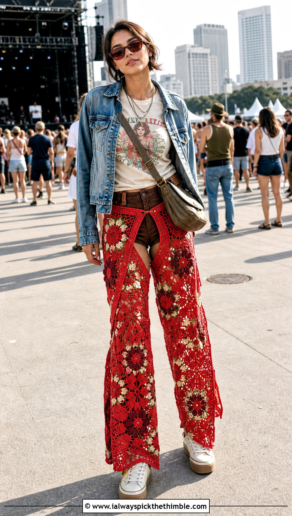Floral Motif Crochet Wrap Pants With Graphic T Shirt - 15 crochet wrap around pants outfit ideas