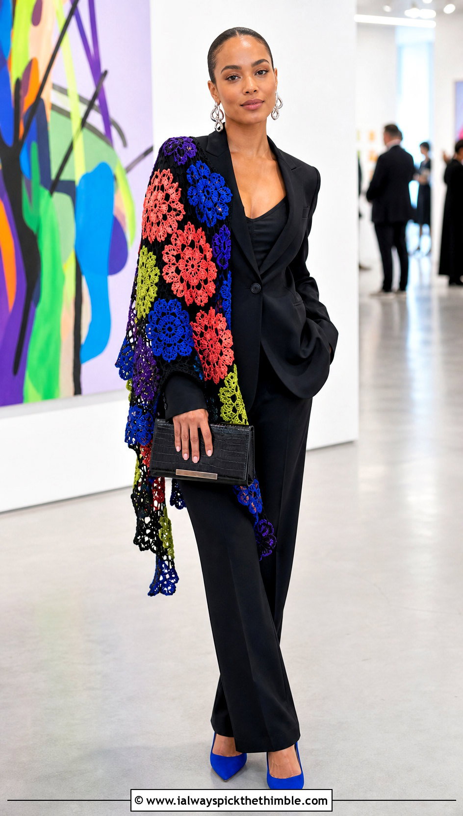 Floral Motif Crochet Wrap With A Monochrome Suit - 25 crochet wrap outfit ideas