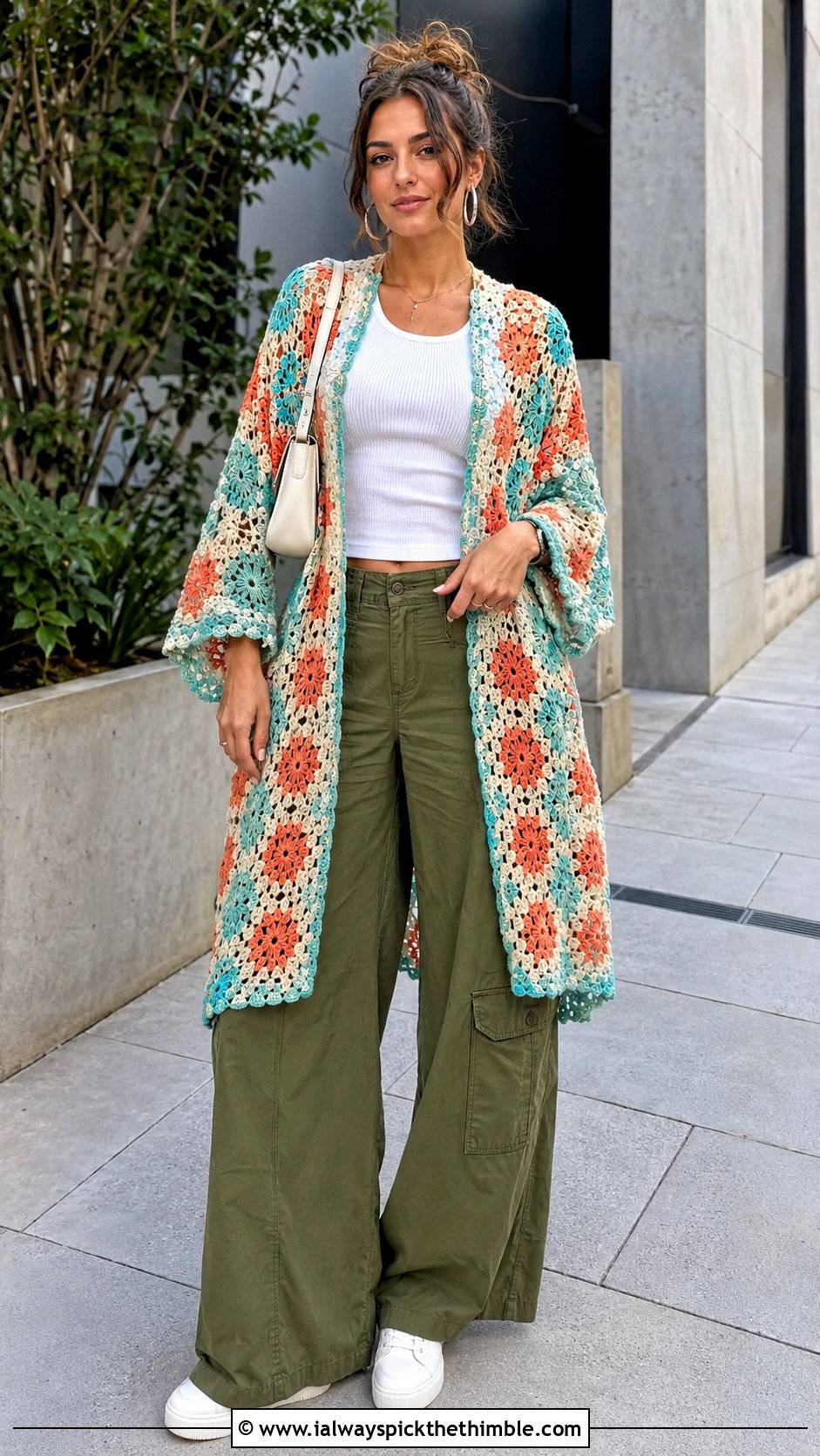 Floral Motif Crochet Wrap With Cargo Pants - 25 crochet shawls and wraps outfit ideas