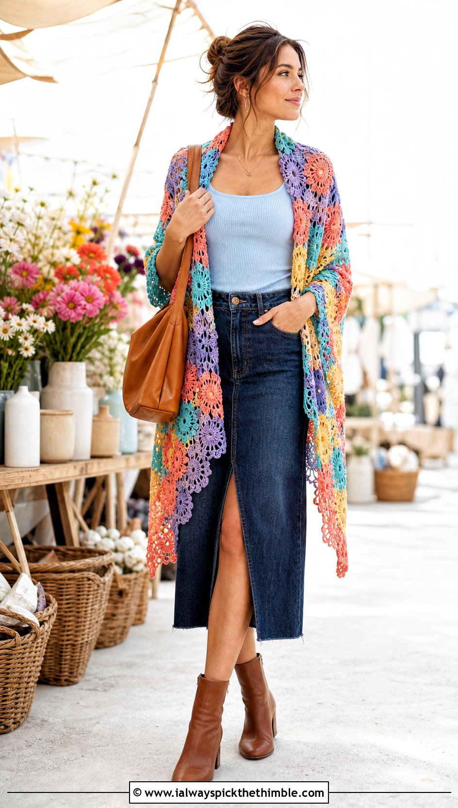 Floral Motif Crochet Wrap With Denim Midi Skirt - 25 crochet wrap with sleeves outfit ideas