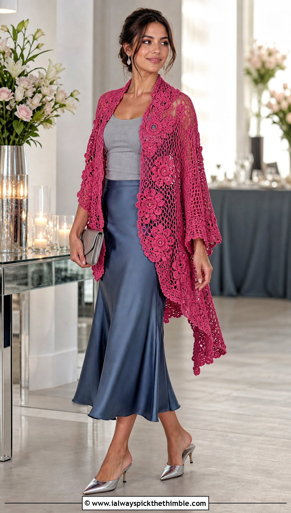 Floral Motif Crochet Wrap With Satin Skirt - 20 Crochet For Shawls And Wraps outfit ideas