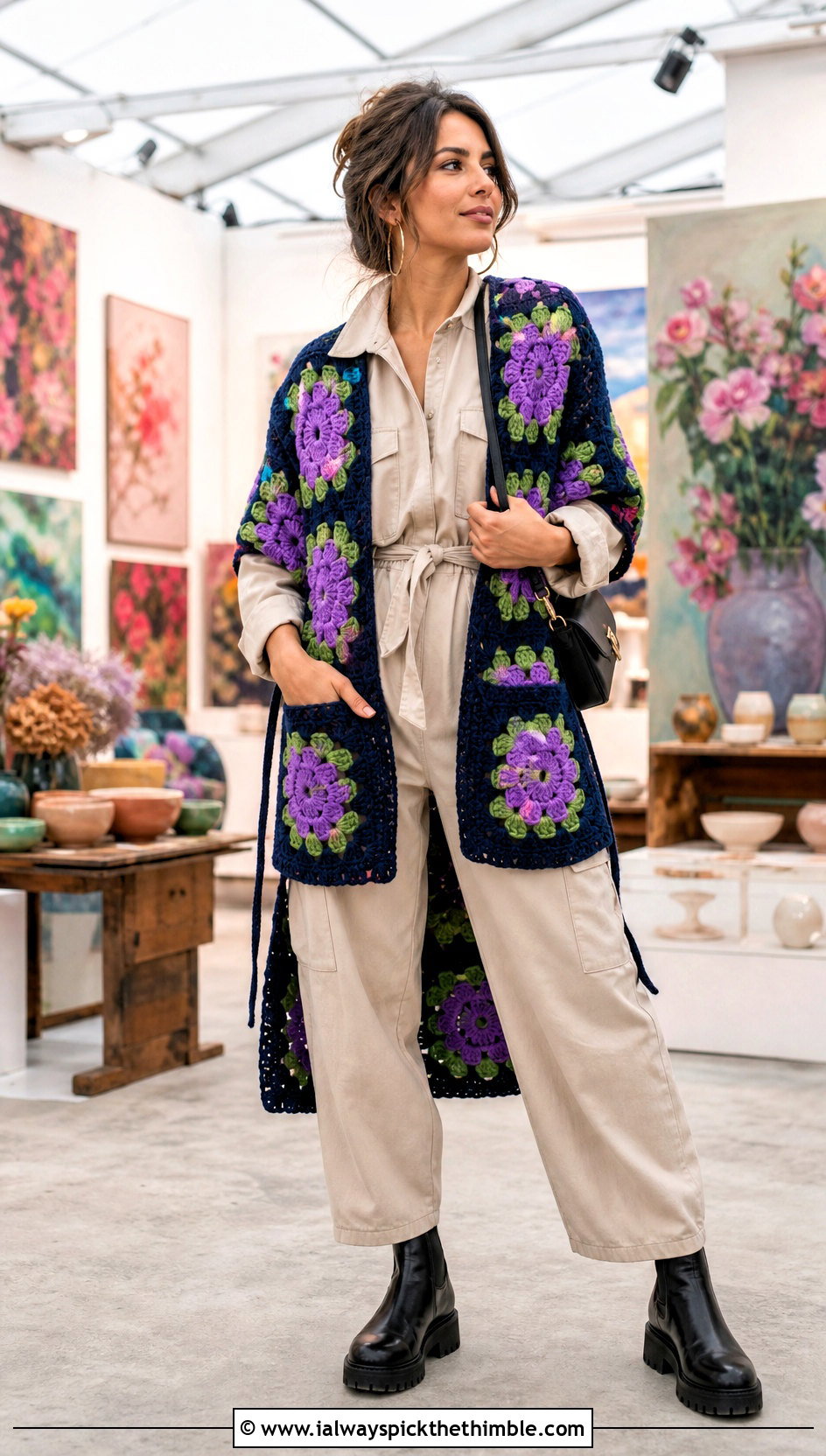 Floral Motif Crochet Wrap With Utility Jumpsuit - 25 crochet wrap with pockets outfit ideas