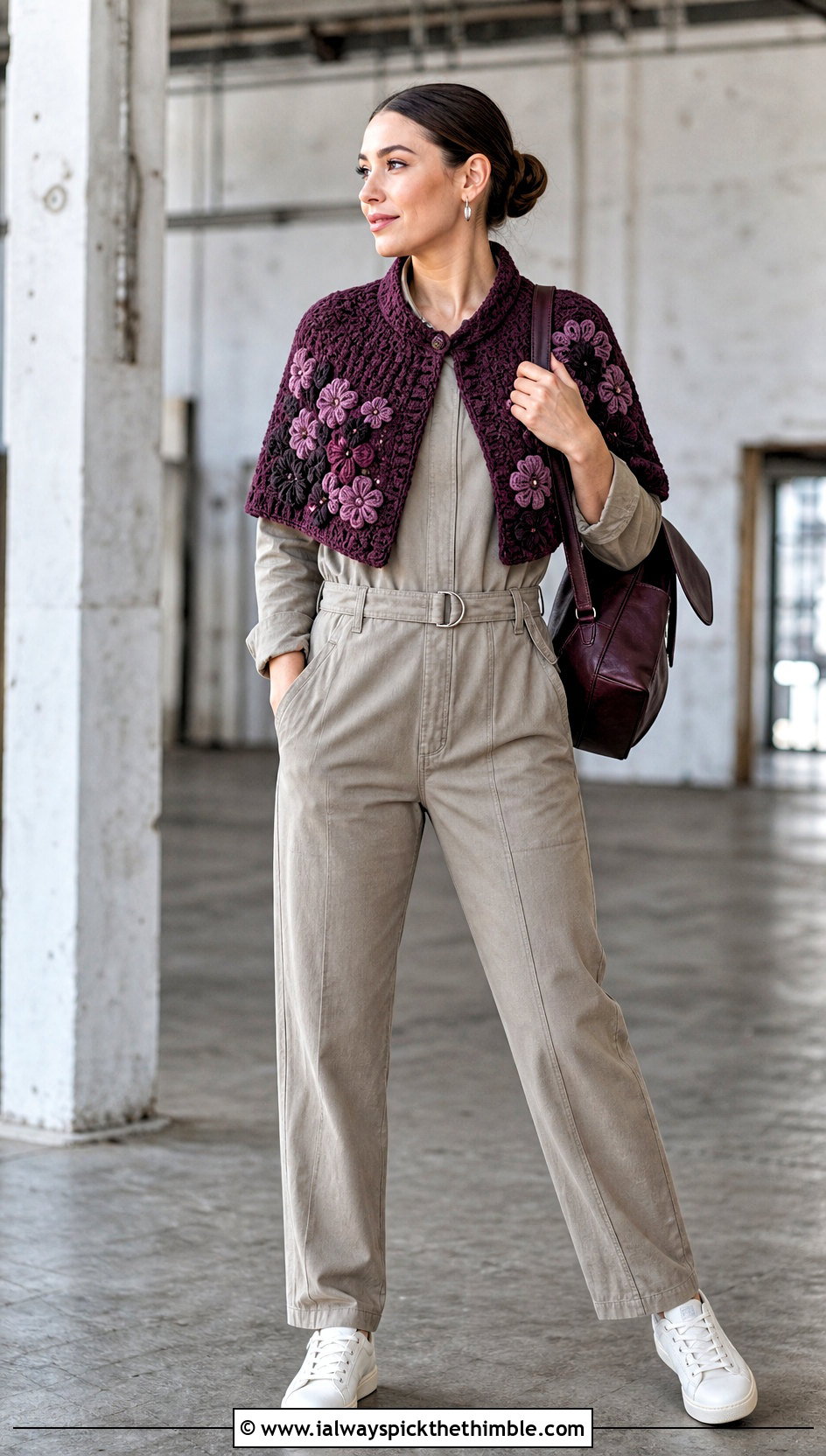 Floral Motif Crocheted Capelet With Utility Jumpsuit - 20 Crocheted Capelet outfit ideas