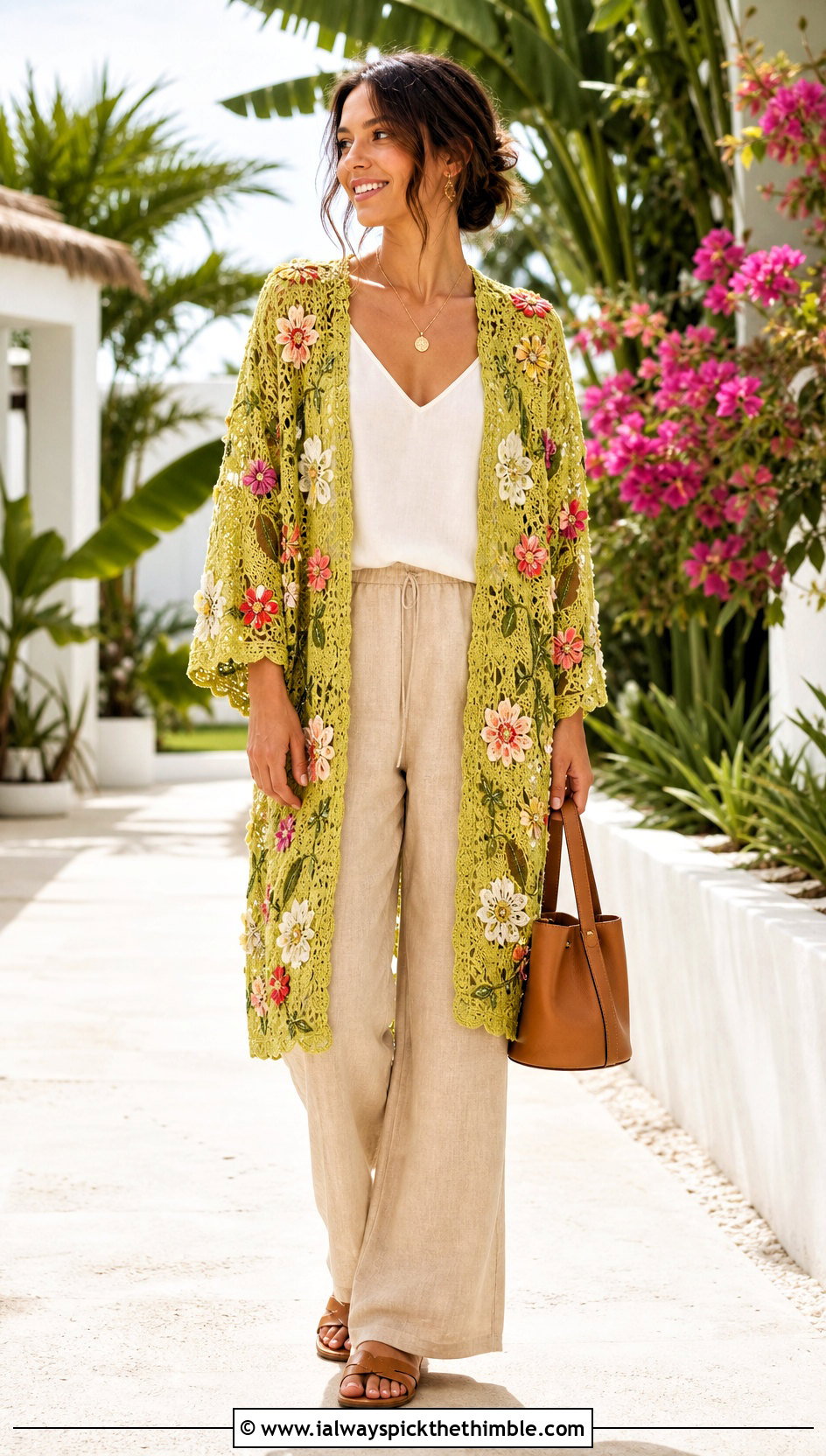 Floral Motif Crocheted Kimono With Linen Pants - 20 Crocheted Kimono outfit ideas