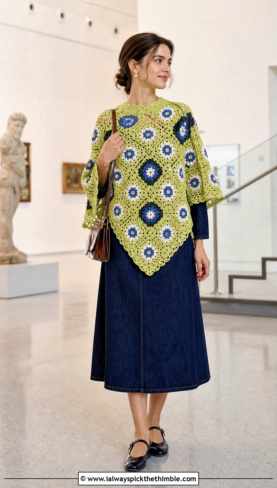 Floral Motif Crocheted Poncho With Denim Midi Dress - 15 Crocheted Poncho outfit ideas