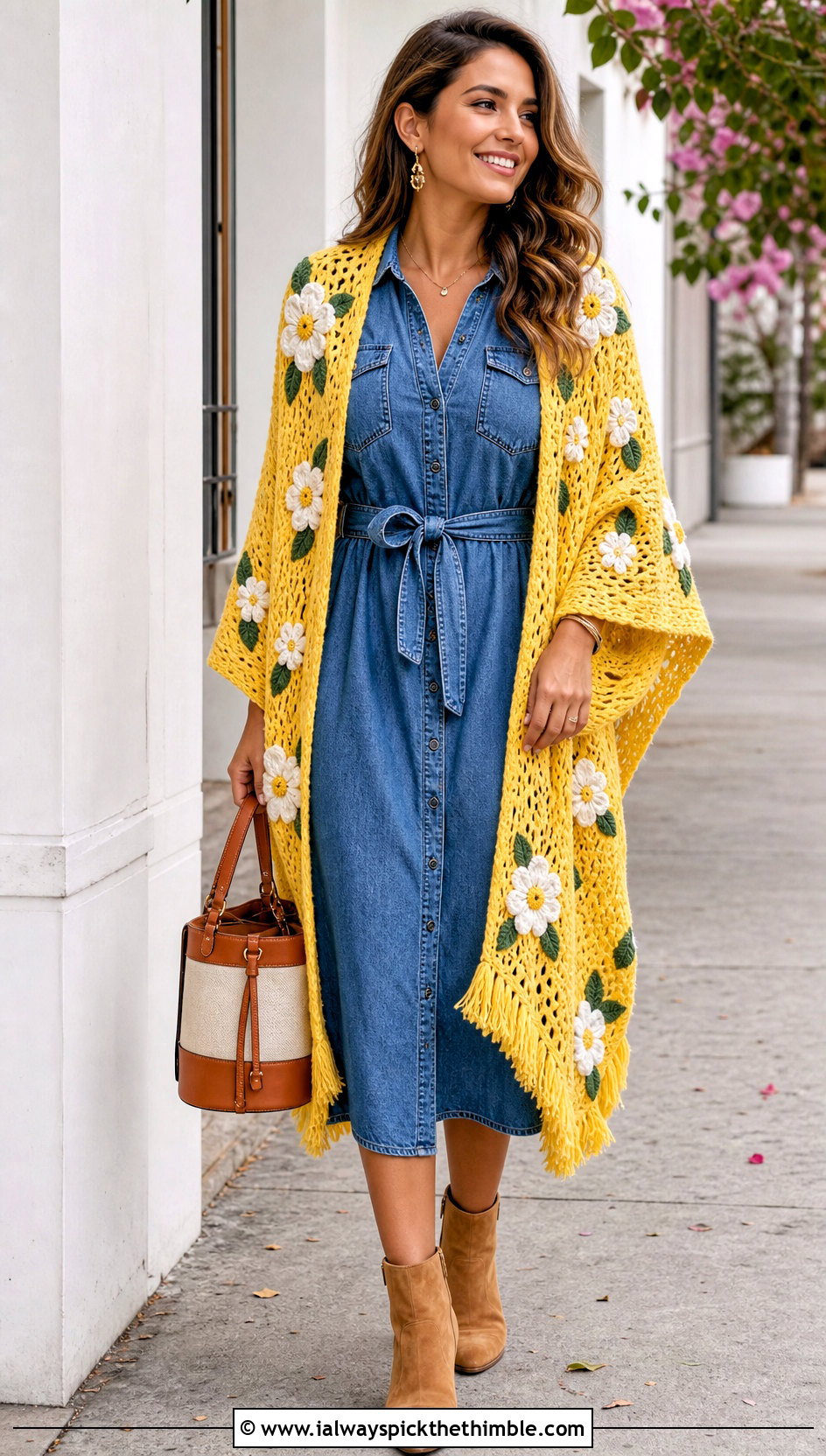 Floral Motif Crocheted Ruana With Denim Dress - 20 Crocheted Ruana outfit ideas