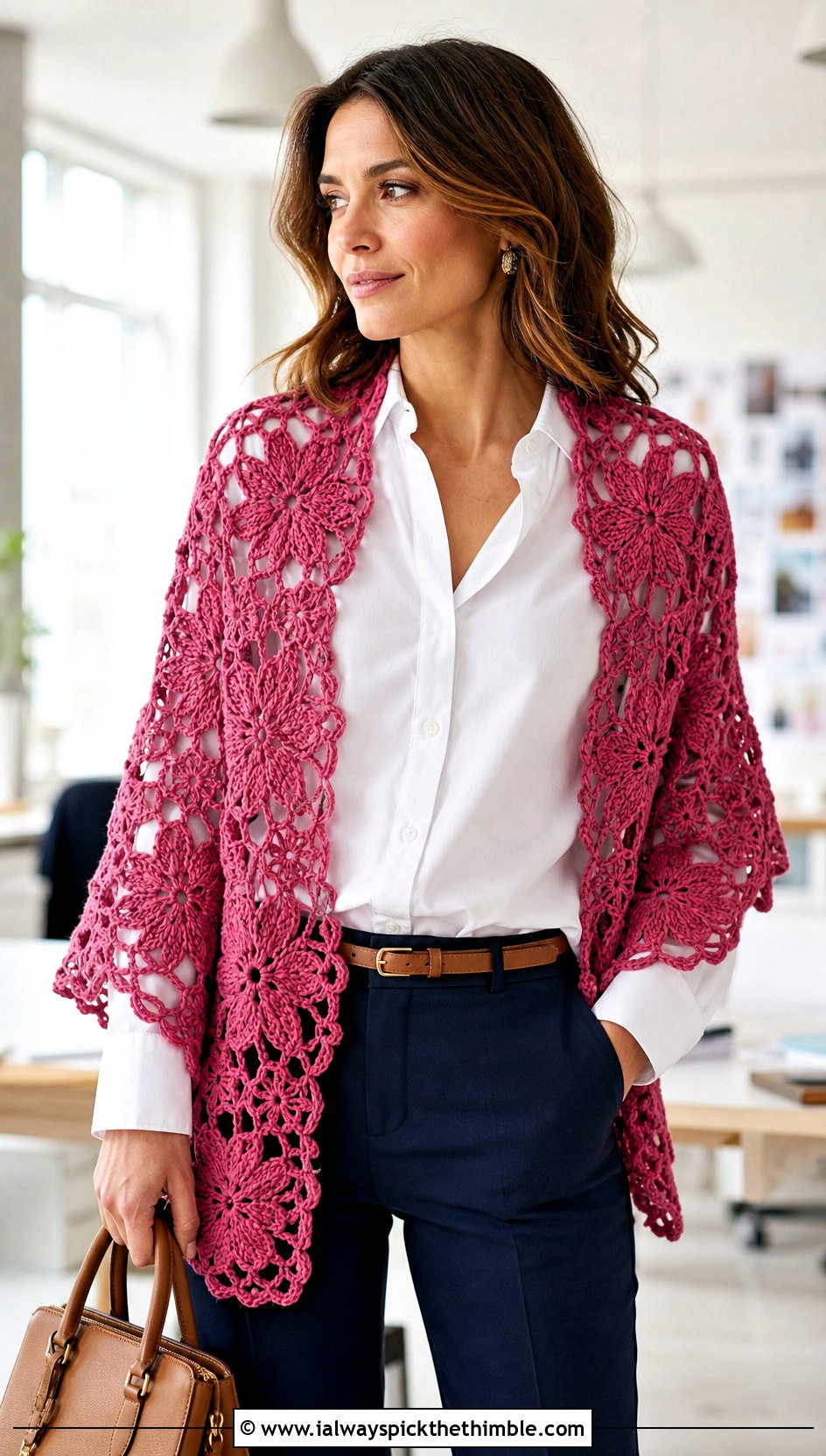 Floral Motif Crocheted Shawl With White Shirt - 20 Crocheted Shawl outfit ideas