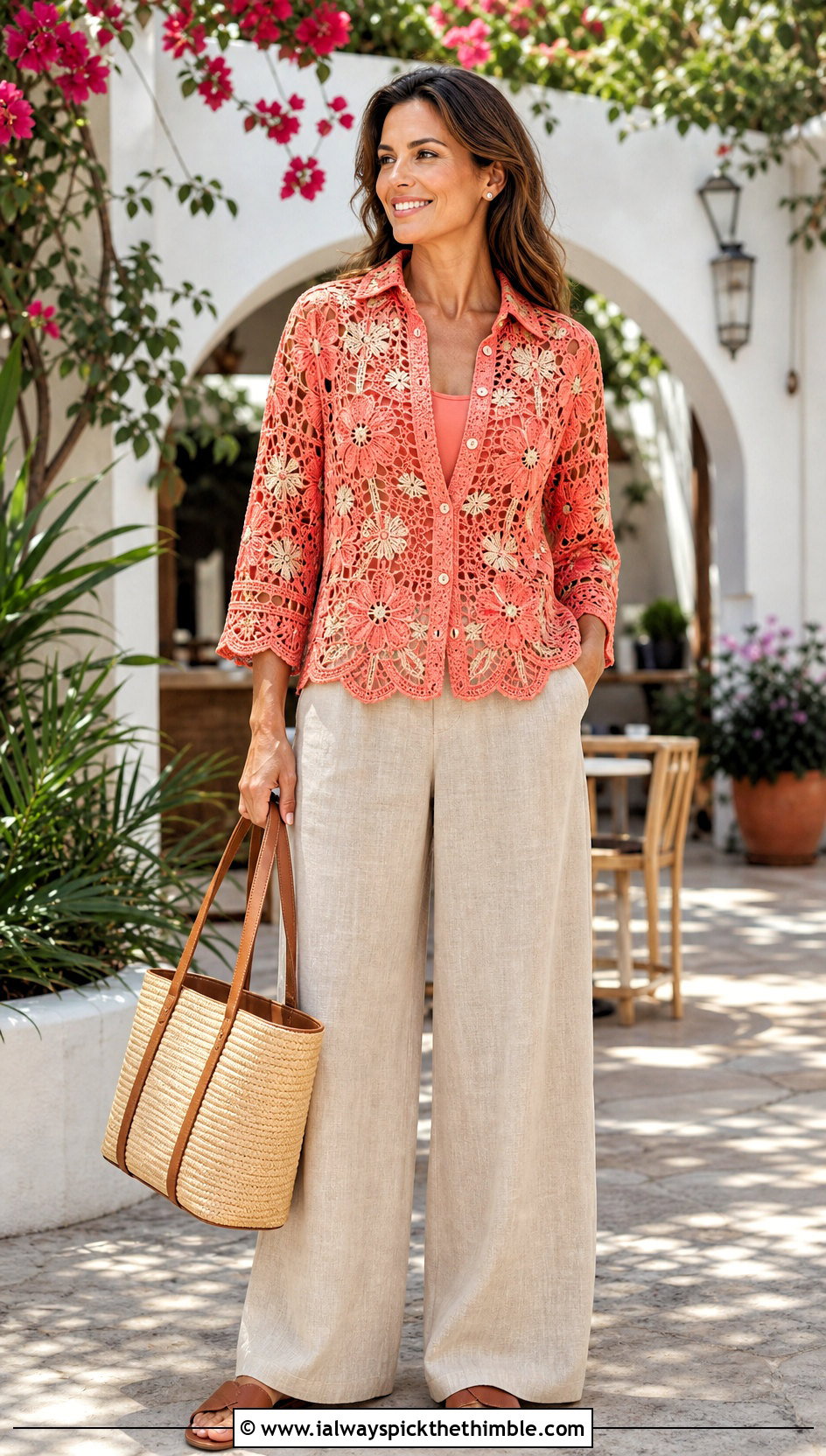 Floral Motif Crocheted Shirt With Linen Pants - 25 Crocheted Shirt outfit ideas