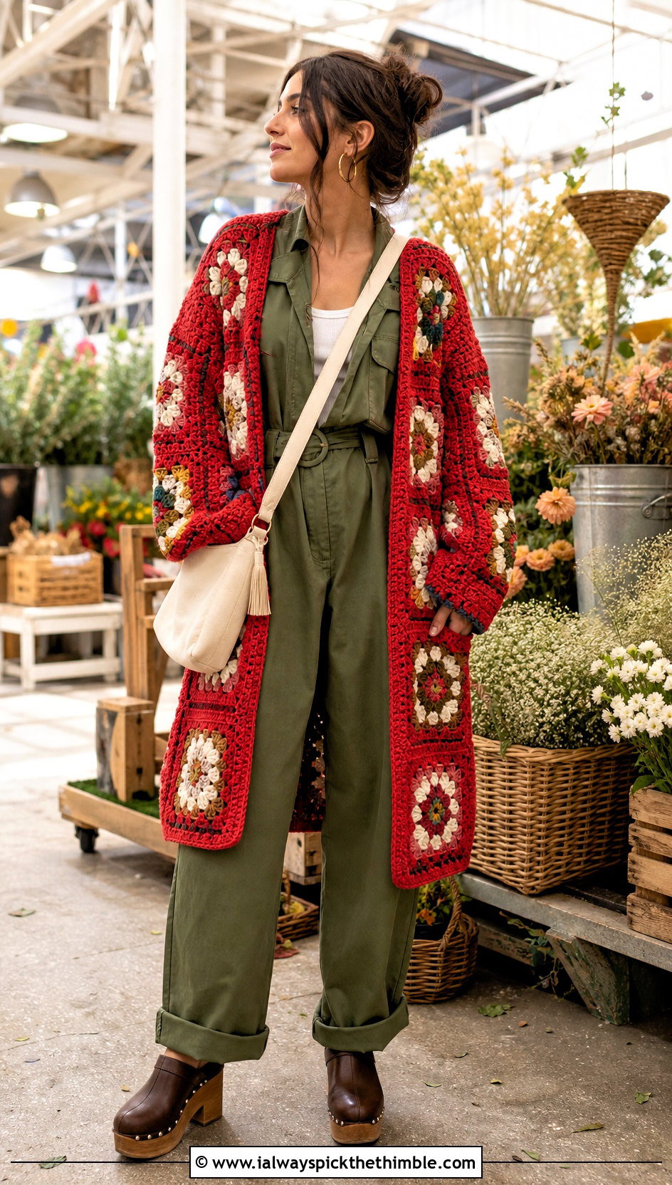 Floral Motif Crocheted Sweater Coat With Utility Jumpsuit - 15 colorful crocheted sweater coat outfit ideas
