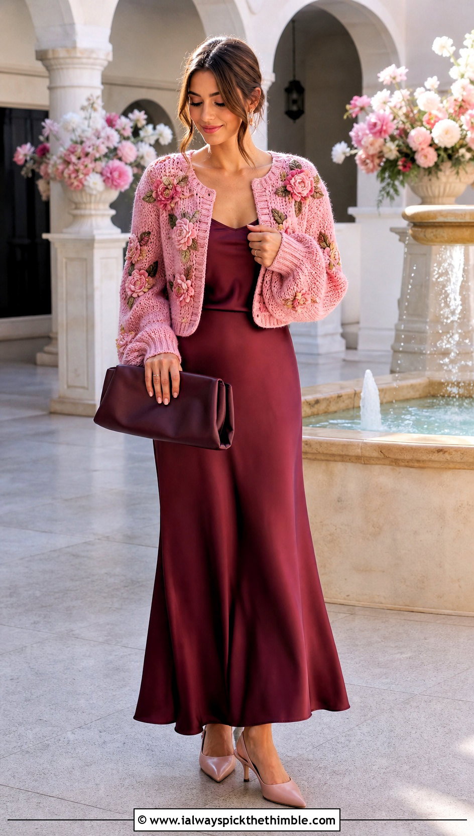 Floral Motif Cropped Cardigan With Satin Maxi Skirt - 25 crochet cropped cardigan outfit ideas