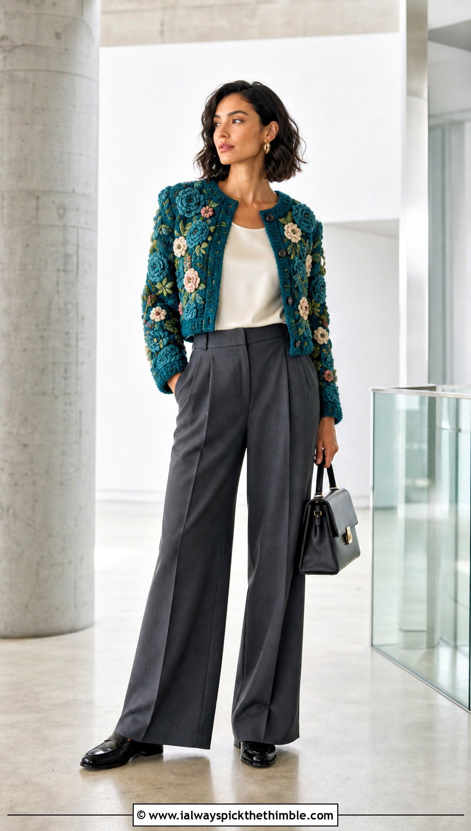 Floral Motif Cropped Cardigan With Tailored Trousers - 20 Easy Crochet Cropped Cardigan outfit ideas