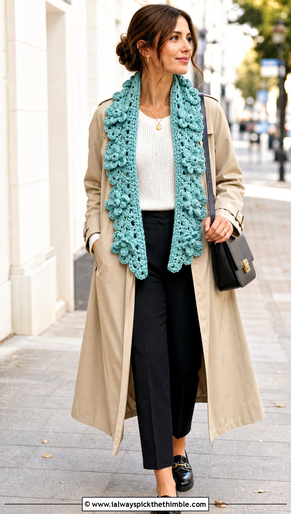 Floral Motif DK Yarn Crochet Shawl With Trench Coat - 20 Crochet Shawl Dk Yarn outfit ideas