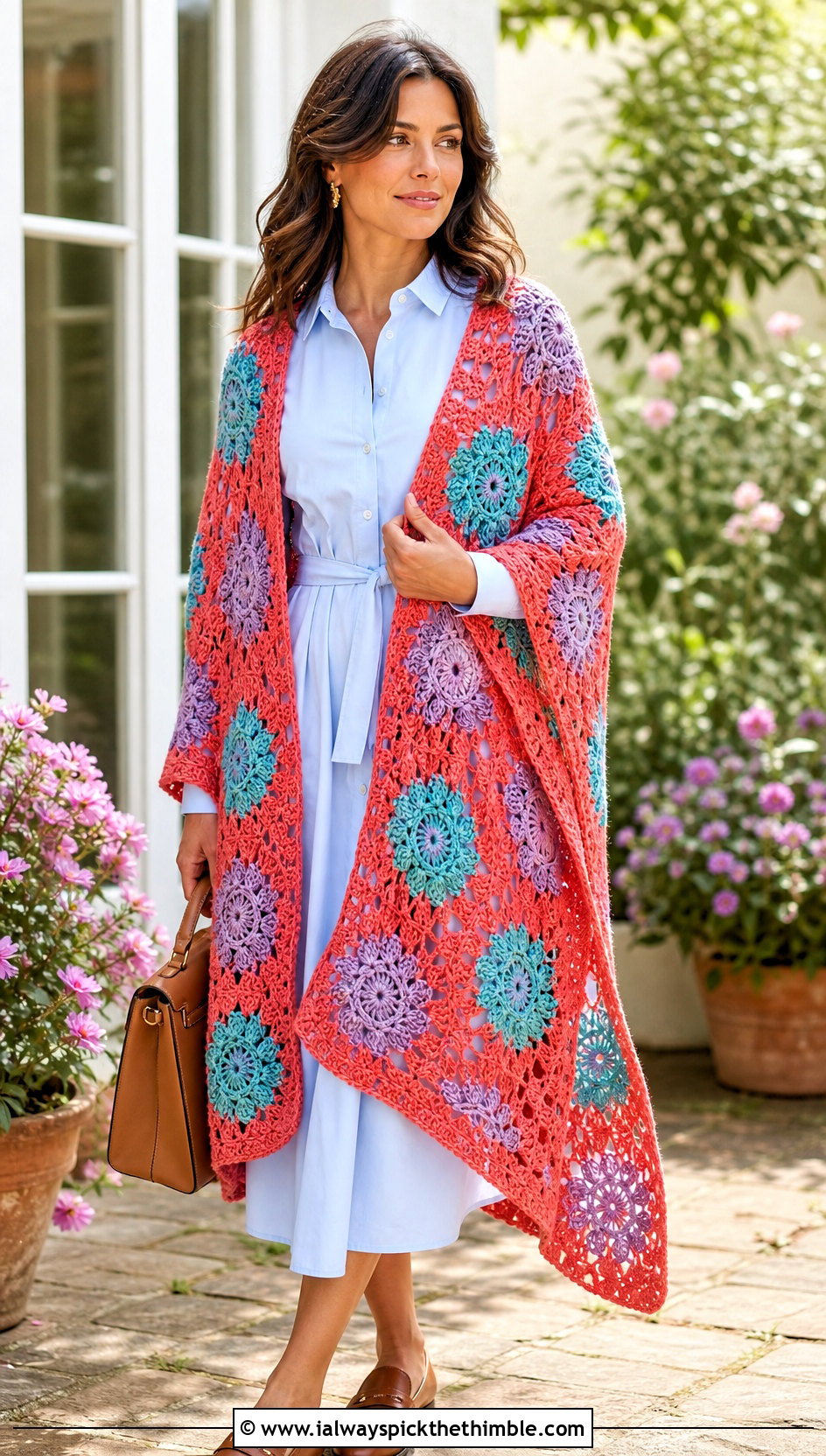 Floral Motif Double Crochet Shawl With Shirt Dress - 20 Double Crochet Shawl outfit ideas