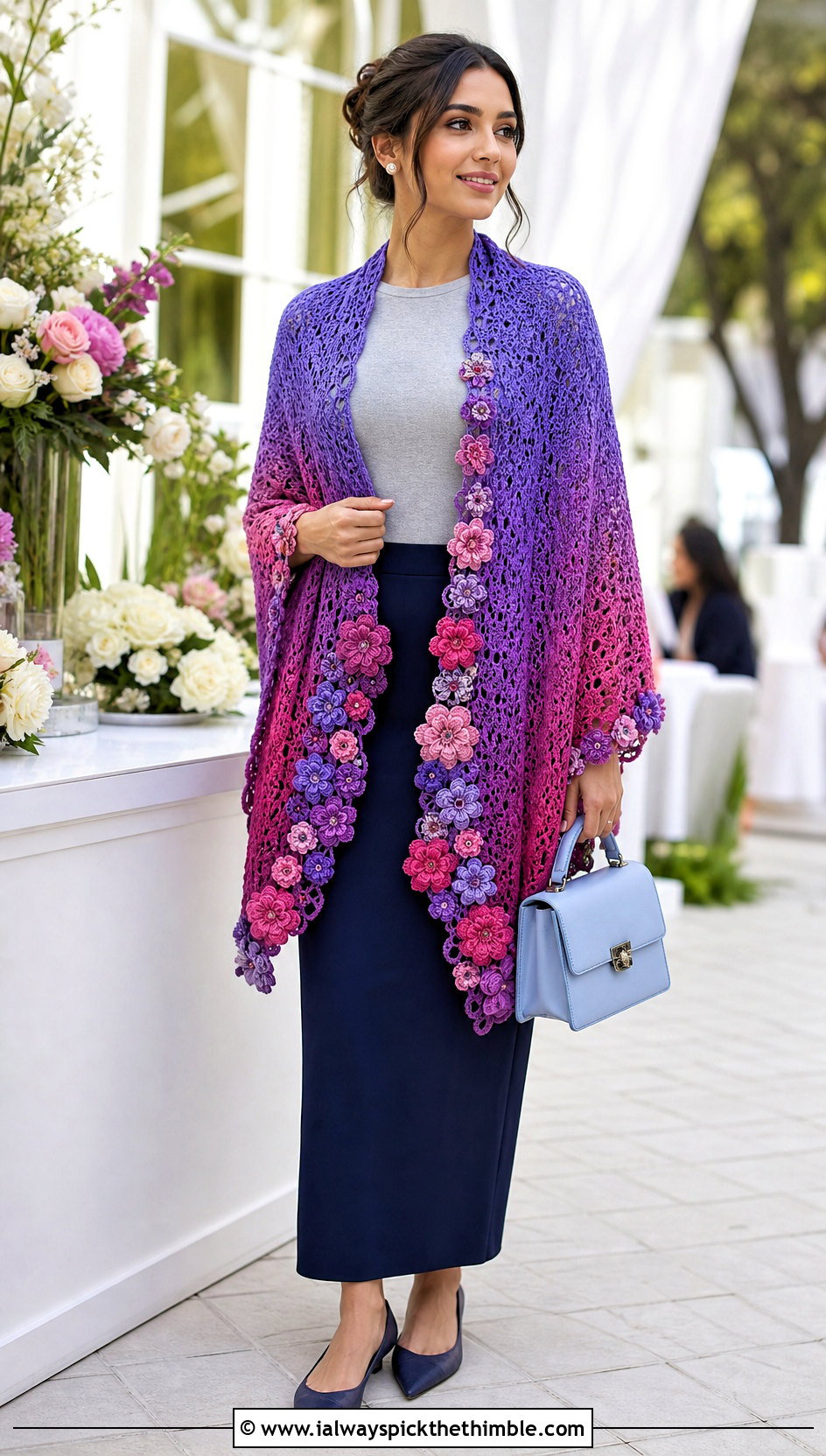Floral Motif Fade Shawl With Tailored Skirt - 15 Crochet Fade Shawl outfit ideas