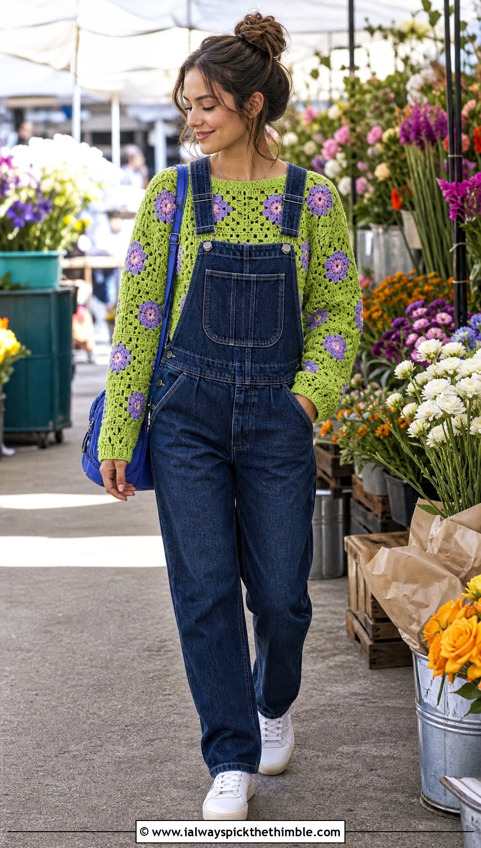 Floral Motif Green Crochet Sweater With Denim Overalls - 25 green crochet sweater outfit ideas