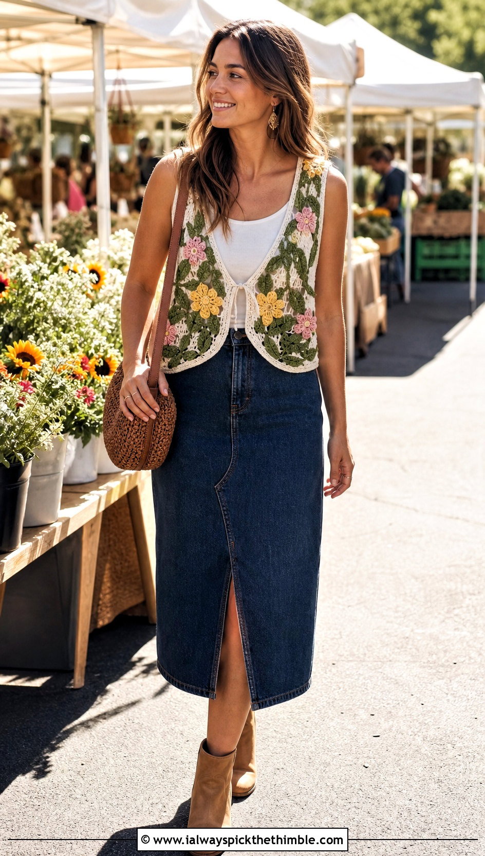 Floral Motif Green Crochet Vest With Denim Midi Skirt - 15 green crochet vest design outfit ideas